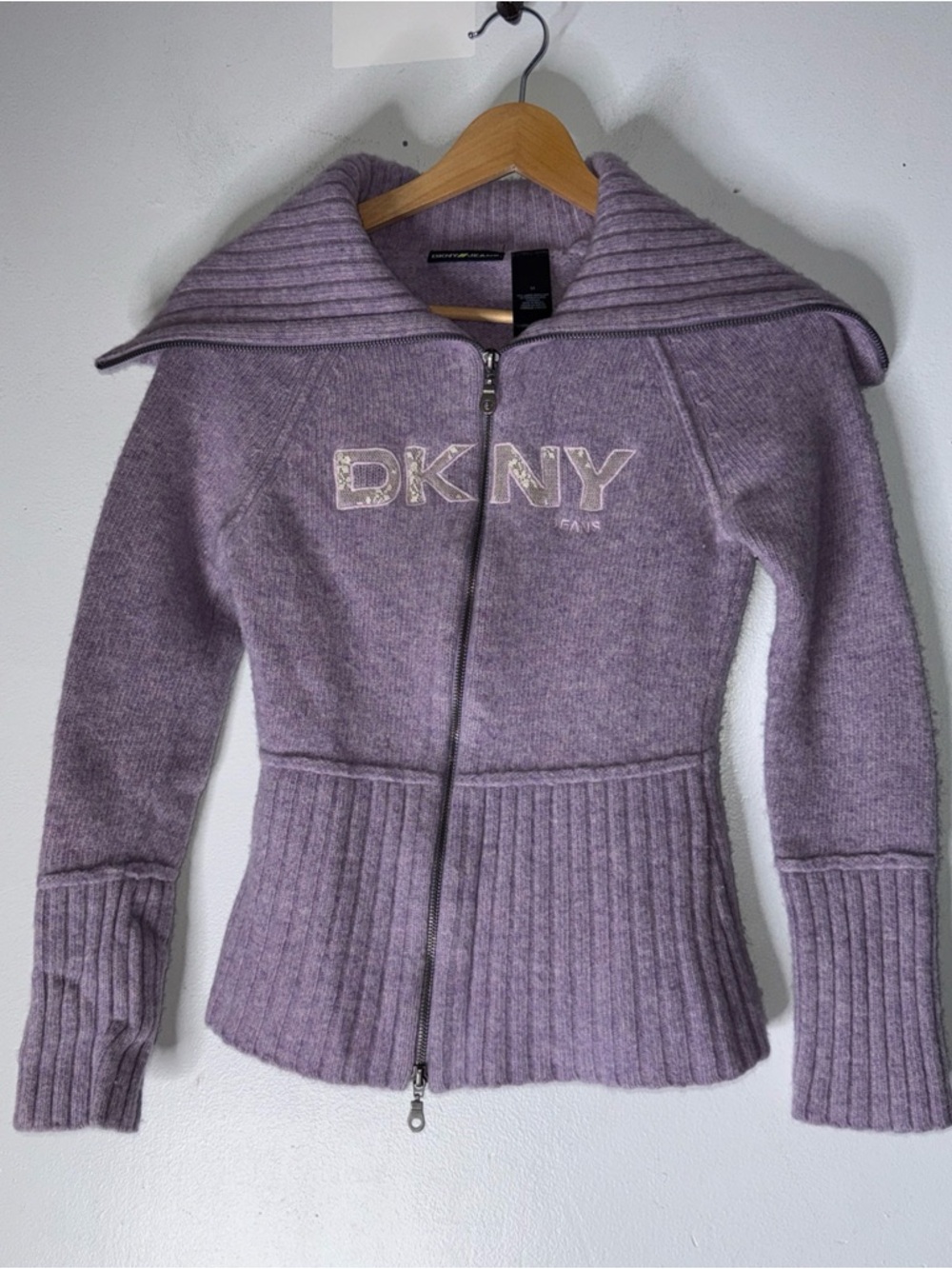 DKNY Y2K Purple Lambswool Zip Shawl Cardigan Sweater Medium